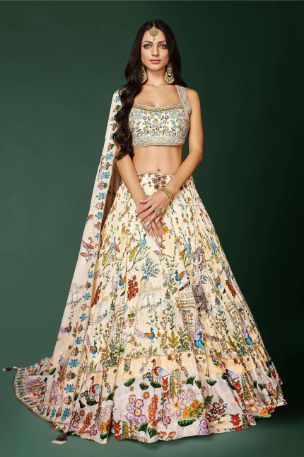 Cream Silk Printed Lehenga with Floral Print and Birds Motifs