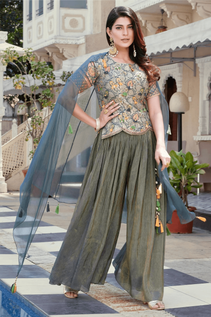 Grey Jacquard Leaf Weave Palazzo Set with Zardosi and Shell Detailing